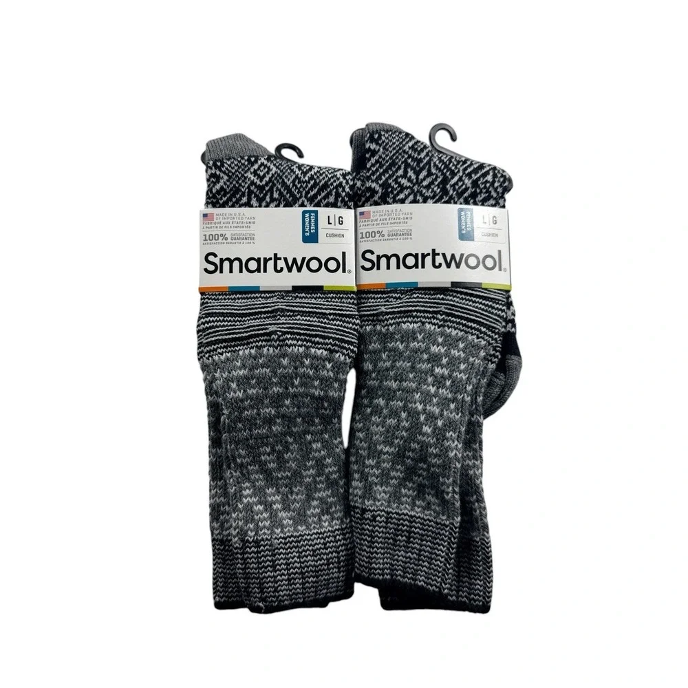 Smartwool Snowflake Flurry Merino Wool Crew Socks Black Large L Cushion LOT 2